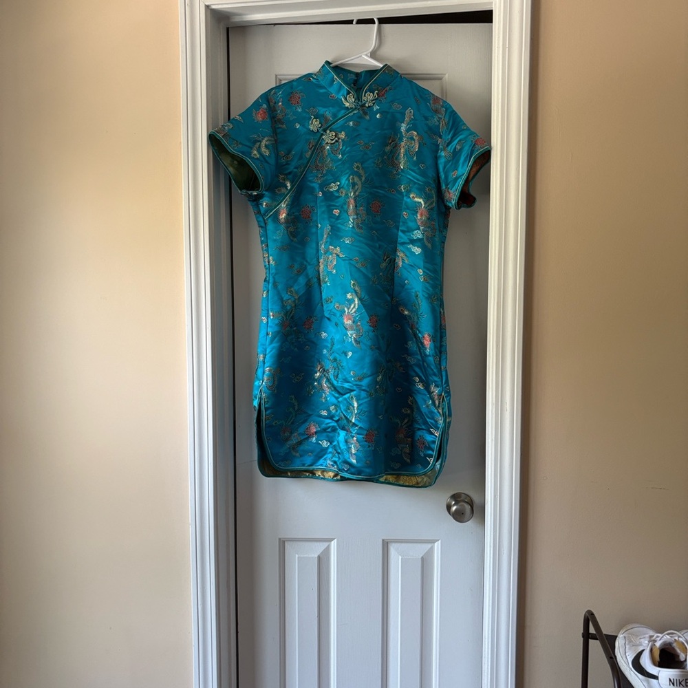 90s vintage- Elegant Blue Floral Cheongsam Dress